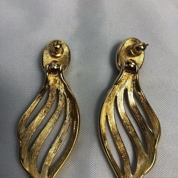 Monet Blue Cabochon Gold Dangle Pierced Earrings statement bold 2.5x1 - Picture 2 of 2